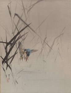 Bird Catching Fish Among Reeds by Watanabe Seitei