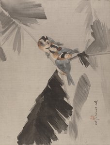 Three Birds on Branch by Watanabe Seitei