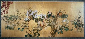 Screen with Autumn and Winter Flowers, early 18th century by Watanabe Shiko