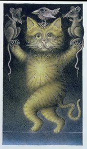 Cat on a Tightrope, balancing with Bird and Mice