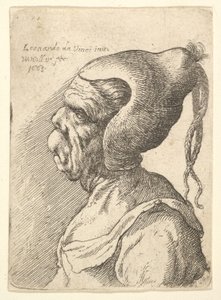 Bust of a Deformed Woman with Conical Hat and Two Dangling Plaits in Profile to Left by Wenceslaus Hollar