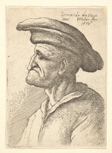 Bust of elderly man with nose that meets his lower lip, wearing wide flat cap in profile, 1665 by Wenceslaus Hollar