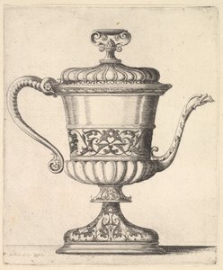 Jug with lid, engraved with arabesque pattern, the narrow spout to right ending in snake by Wenceslaus Hollar