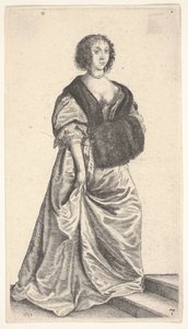 Lady with Fur Muff Standing on Two Steps