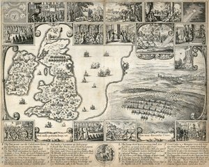Map of the British Isles and illustrations of 17th century historical events by Wenceslaus Hollar