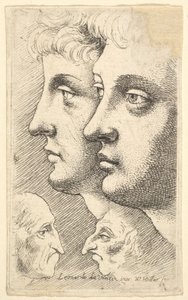 Two Youths in Profile with Two Grotesque Heads