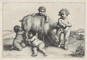Four Boys, a Satyr and a Goat Standing to the Right (series title: Putti and Satyrs) by Wenceslaus Hollar