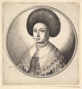 Woman with Large Circular Fur Hat and Earrings