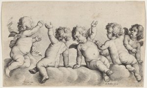 Three Cherubs and Two Boys on Clouds by Wenceslaus Hollar, after Peeter van Avont