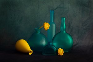 Teal Bottles Yellow Flowers by Wendy Xu