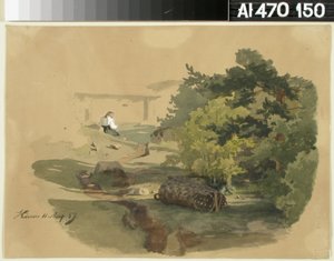 Landscape with Shingle Basket and Woman Sitting