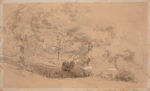 Forest Landscape with Horse and Cart; Forest Landscape, Man Fishing on a Bridge (Double-sided Work) by Werner Holmberg