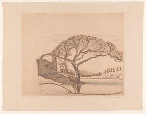 Houses, Tree by Pond, and Women with Water Jugs on Their Heads (Near Cairo) by Wijnand Otto Jan Nieuwenkamp (signed by artist)