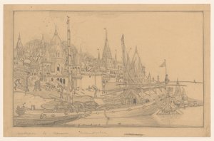 Riverbank with Ships in Benares by Wijnand Otto Jan Nieuwenkamp