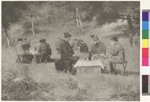 Hunting Party - Emperor Franz Joseph at Table with Prince Leopold of Bavaria and Grand Duke Ferdinand IV from Tuscany by Wilhelm Gause