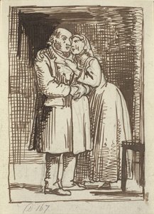 The Sly Wife. A Wife Speaks Earnestly to Her Old Husband and Has Her Arms Around His Neck