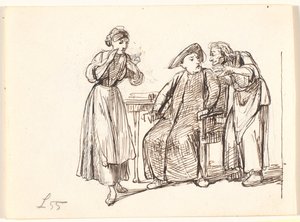 An Old Woman Talking to a Priest, Left a Young Woman