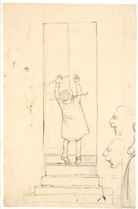 A Little Man Stands on Tiptoe to Open a Door with a Latch. Sketch of Profiles and Woman by Wilhelm Marstrand