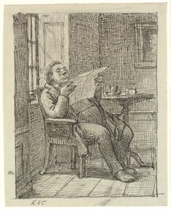 A Fat Gentleman Reading a Newspaper with His Coffee