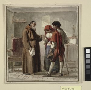 A Young Peasant Couple with a Monk in His Cell