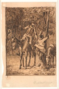 Before the Battle with the Knight of the Mirrors, Don Quixote Helps Sancho Panza Up a Tree by Wilhelm Marstrand