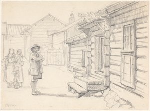 Street in Orsa, Dalarna, with Two Women on the Left and a Child and a Man by Wilhelm Marstrand