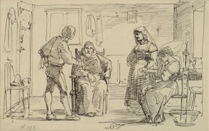 Interior Where a Young Man Explains Something to a Seated Monk, Right a Crying Girl and Old Woman