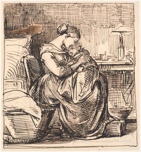 Mother with Sleeping Child on Lap in Bedroom