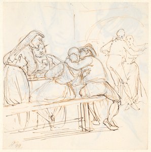Easter scene, in the foreground a seated couple kissing by Wilhelm Marstrand