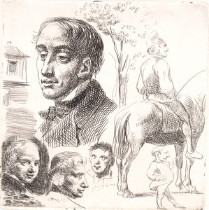 Sample Sheet in Stylography with Portrait Heads, Peasant on Horse, etc. by Wilhelm Marstrand