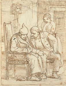 Two Men in Conversation, the Old Man on the Left with a Nightcap. Also a Woman by Wilhelm Marstrand