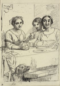 Three Girls at a Table, with a Dog Under the Table