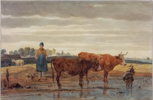 Peasant Woman with Livestock by the Water by Wilhelm von Kobell