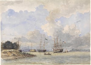 Maas Before Rotterdam, with an American and Swedish Ship by Willem Anthonie van Deventer