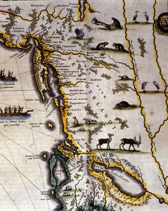Geographic map of the 17th century Dutch Atlas by Wilhelm Blaeu showing American and Canadian territories fur animal peoples. The North is below according to medieval custom. by Willem Blaeu