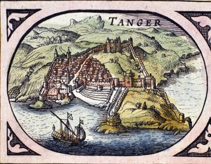 View of the fortified city of Tangier and the coast, Morocco. Map from the Dutch Atlas by W. G. Blaeu, Amsterdam by Willem Blaeu