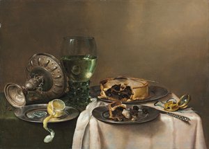 Pronk Still Life with a Roemer, an Upturned Silver Tazza, a Half-Peeled Lemon on a Pewter Plate, with a Pie, a Timepiece and a Knife by Willem Claesz. Heda