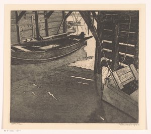 Interior of a Boat House with a Fish Crate and a Boat with Built-in Fish Crate