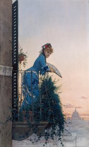 An Elegant Beauty on a Balcony Looking Out Over Rome, with the Dome of St Peter in the Distance by Willem Johannes Martens