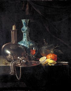 Still life with a pilgrim flask, candlestick, porcelain vase and fruit by Willem Kalf