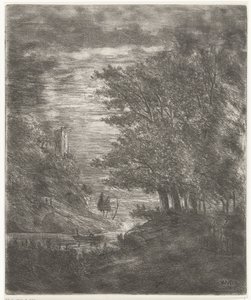 Hilly Landscape with Ruins and a Boat on Water by Moonlight by Willem Matthias Jan van Dielen