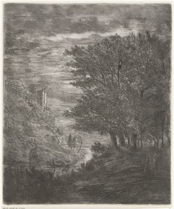 Hilly Landscape with Ruin and Boat on Water by Moonlight by Willem Matthias Jan van Dielen