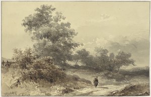 Landscape with Thicket and a Figure on a Country Road by Willem Roelofs (I)