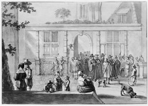 Square with Gate in the Background, Through Which a Procession Passes. Several Figures in the Foreground on the Left by a Railing by Willem Schellinks