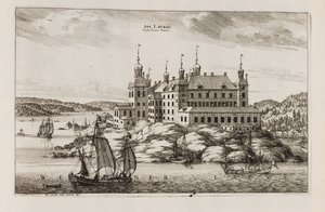 Läckö Castle from the side of Lake Vänern. From "Suecia antiqua et hodierna" by Willem Swidde