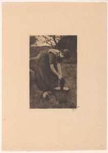 Peasant Woman Washing Textiles in a Bucket by Willem Witsen (signed by artist)