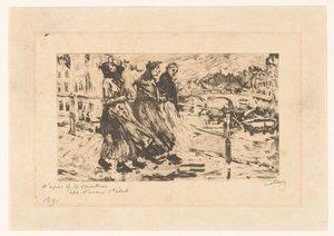 Three Women on a Bridge in Wind and Rain by Willem Witsen (signed by artist)