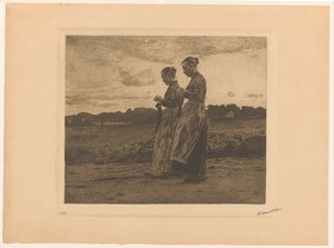 Two Standing Knitters in a Landscape in Ede by Willem Witsen (signed by artist)