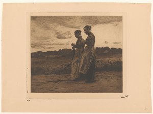 Two Standing Knitters in a Landscape in Ede by Willem Witsen (signed by artist)