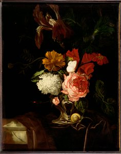 A Rose, an Iris, Lilac and other Flowers in an Auricular Silver Vase with a Snail and a Butterfly on a Draped Ledge by Willem van Aelst